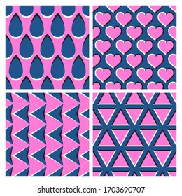 Set of pink blue optical illusion seamless patterns of moving drops, hearts, cursors and triangles shapes.