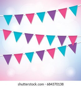 A set of pink, blue and purple party banners against a gradient pink and purple background