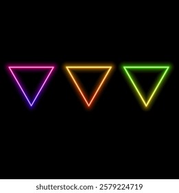 Set of pink blue, red-purple, green light up neon triangle photo frames. Signal of the game. Abstract cosmic geometric design of vibrant colors.