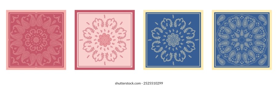 Conjunto de lenços cor-de-rosa e azul ou desenhos de bandana com padrões de mandala paisley e elementos florais. Projeto de tapete étnico.