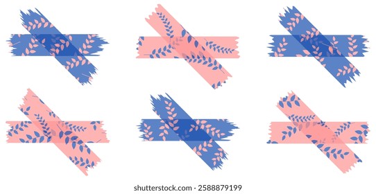 Set of pink and blue semi-transparent washi tapes with pattern isolated on white. Tapes collection in vector. Pieces of decorative tape for scrapbooks. Torn paper. Spring, summer
