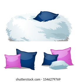 Set of pink and blue sofa cushions and armchair bag made of fur isolated on a white background. Vector cartoon close-up illustration