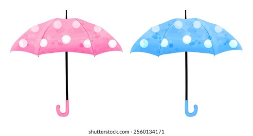 Set of pink and blue umbrella polka dot. Cute vector watercolor illustration for kids design, weather