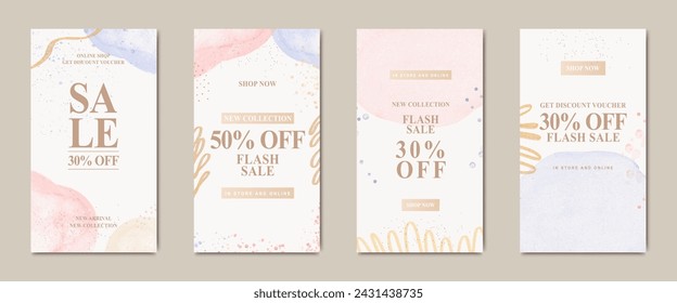 set of pink and blue watercolor artistic social media story template. Suitable for social media posts, cards, invitations, banner and web ads