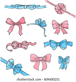 Set Of Pink And Blue Watercolor Bows Isolated On White. Vector Bow And Ribbons For Your Design. 