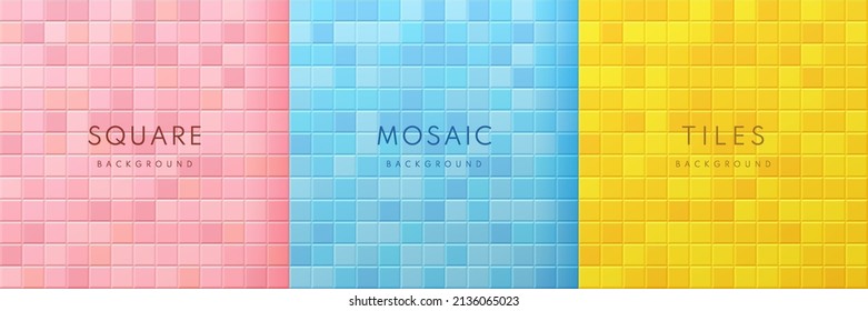 Set of pink, blue and yellow 3d square tile mosaic pattern design. Geometric background with space for your text collection design. Pastel Minimal wall scene studio room design. Vector illustration
