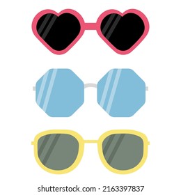 A set of pink, blue and yellow frame sunglasses with black and dark lenses. Vector illustration in flat style eps10.