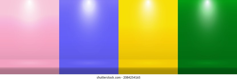 Set Of Pink, Blue, Yellow, Green Scene Background.Empty Studio With Spotlight For Product Display, Advertising, Show, Winner, On Colorful Backdrop.Blank Stage Table Floor. Minimal.Vector Illustration.