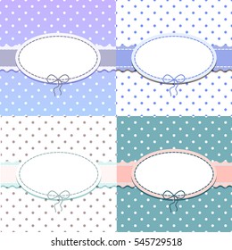 Set of pink and blueflat background with the little dots, ribbon and oval frame with bow and stitched thread for congratulations. Can be used as greeting card