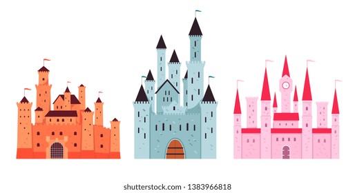 Set of pink and blue-gray and terracotta medieval castles flat cartoon style, vector illustration isolated on white background. Kingdom architecture buildings or fairytale palace towers