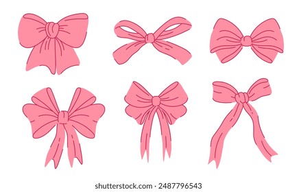 Set of Pink Bow knots. Hand drawn ribbons for gift box, present. Retro aesthetic coquette collection. Cute decorative items for hair, holiday design. Vector illustration