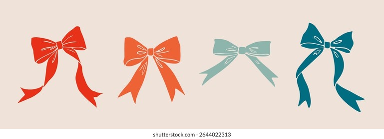 Set of pink bow knots, ribbons. Vector hand drawn illustration. Gift box and party decoration, holiday, decorative design element.