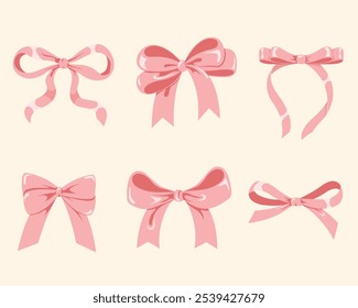 Set of pink bow, pink ribbon bow collection. Cute coquette aesthetic pink ribbon bow design.