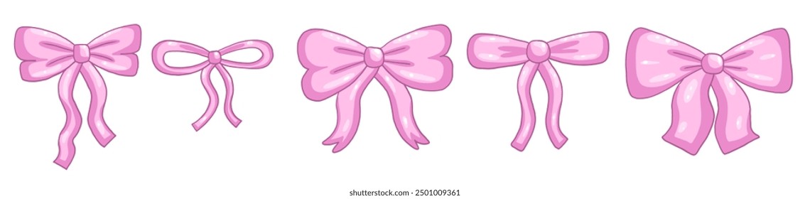 Set with pink bow and ribbon in different shape. Vector vintage illustration