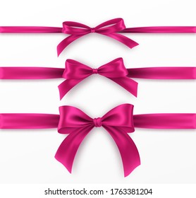 Set pink Bow and Ribbon on white background. Realistic pink bow for decoration design Holiday frame, border. Vector illustration EPS10