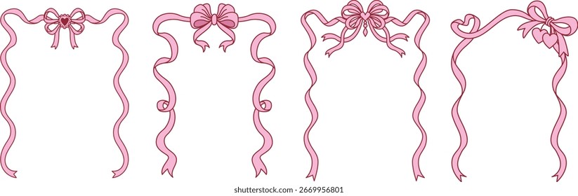 Set of pink bow ribbon square frame with editable stroke thickness for wedding, valentines card and so on. Vector illustration.	
