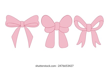 Set of Pink Bow and Ribbon Vector Illustration. Coquette, Feminine, and Trendy in Outline style