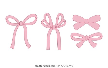 Set of Pink Bow and Ribbon Vector Illustration. Coquette, Feminine, and Trendy in Outline style