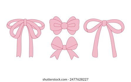 Conjunto de lazo rosa y Ilustración vectorial de cinta. Coqueta, femenina y trendy en estilo Outline