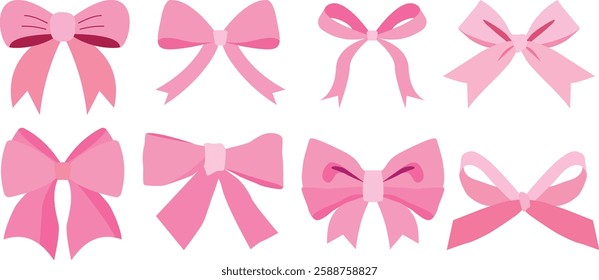 set of pink bow ribbons on white background. pink bow collection vector stock illustration