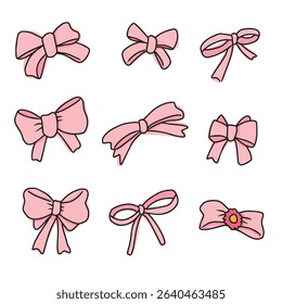 set of pink bow ties. Vector isolated simple small ribbon bow gift decoration.