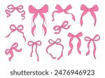 Set of pink bows. Bowknots for hair decor. Trendy girls hair braiding accessories. Vector Illustration