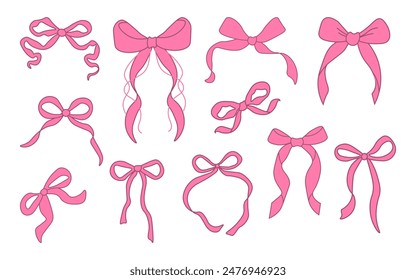 Set of pink bows. Bowknots for hair decor. Trendy girls hair braiding accessories. Vector Illustration