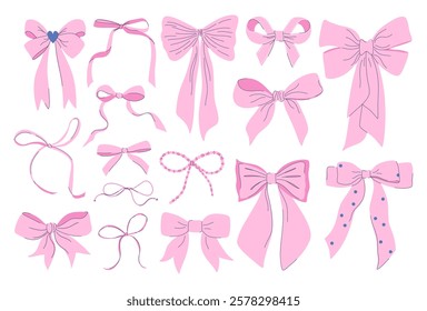 Set of pink bows. Cute minimalistic coquette bows. Vintage ribbon elements for party decoration, gift wrapping, hairstyle, textile print. Hand drawn flat design vector illustration.