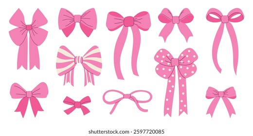 Set of pink bows in different styles. Cute decorative ribbon elements, perfect for gift wrapping, fashion, and festive designs. Flat vector illustration isolated on white background.