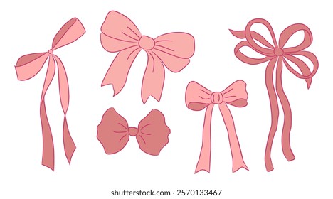 Set of pink bows in doodle style various shapes. Hand drawn Decorative birthday, Christmas, holiday ribbons ink sketch vector line art illustration isolated on white background
