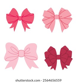 Set of pink bows isolated on a white background. Vector illustration. Trendy various bows, gift ribbons.
