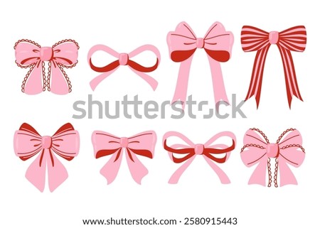 Set of pink bows isolated on white background. Vector illustration in cartoon style.