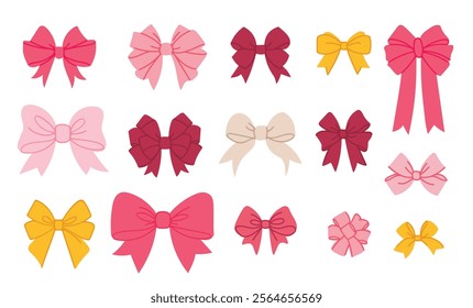 Set of pink bows on white background. Vector illustration in flat style. Trendy various bows, gift ribbons.