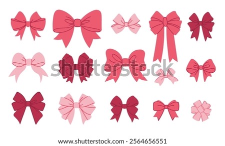 Set of pink bows on white background. Vector illustration in flat style. Trendy various bows, gift ribbons.