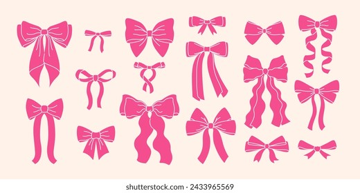 Set pink bows and ribbons for hair. Flat vector illustrations set. Trendy bow for presents wrapping. Gift birthday xmas sale decor. Cute vintage hairstyle elements collection