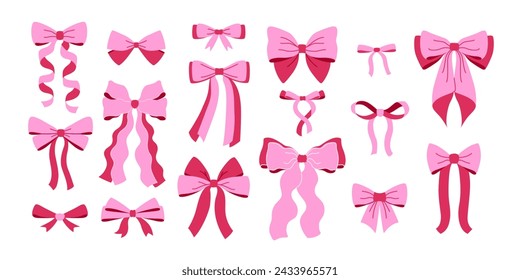 Set pink bows and ribbons for hair. Flat vector illustrations set. Trendy bow for presents wrapping. Gift birthday xmas sale decor. Cute vintage hairstyle elements collection