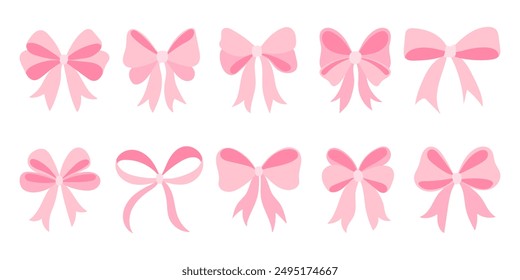 A set of pink bows are shown in various positions and orientations. The bows are all different sizes and shapes, but they all have a similar pink color. Scene is playful and whimsical