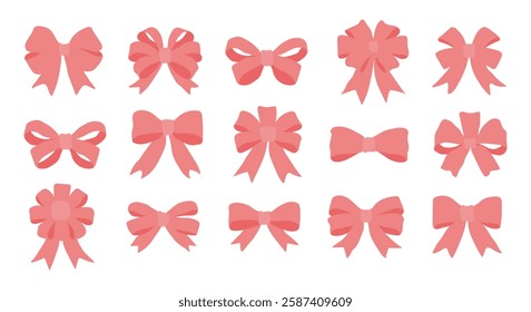 A set of pink bows are shown in various sizes and positions. The bows are arranged in a row, with some overlapping each other. Scene is playful and whimsical, as the bows are all pink