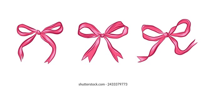 Set of pink bows. Various bows, ribbons on a white background. Festive pattern. Design for wrapping paper, packaging, background, fabric, textile, home decor, gifts, greetings. Trendy vector print.