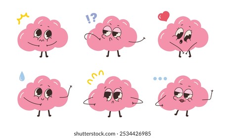 Conjunto de caracteres cerebrais cor-de-rosa com emoções diferentes. Ilustração vetorial em estilo cartoon.