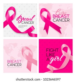 A set of pink Breast Cancer Awareness banners with ribbons and place for your text. Breast cancer October awareness month. Vector illustration