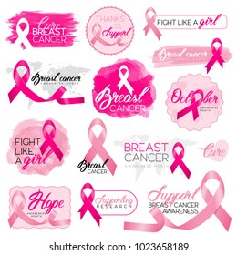 A set of pink Breast Cancer Awareness banners and badges with watercolor splashes isolated on white background. Breast cancer October awareness month. Vector illustration