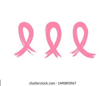 Set of pink breast cancer awareness ribbons painted with watercolor brush. Grunge, sketch, graffiti. Simple vector illustration.