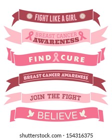 A set of pink Breast Cancer Awareness banners and ribbons isolated on white.