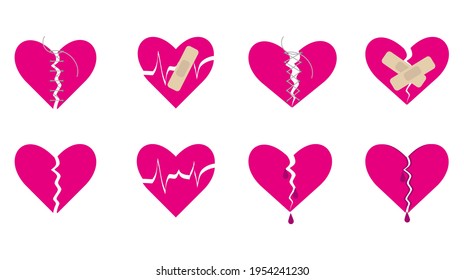 Set of pink broken heart icons and symbols isolated on white background. Flat style hearts design elements with stitches, patches, heartbeat. Bleeding and heeling heart concept. Vector illustration