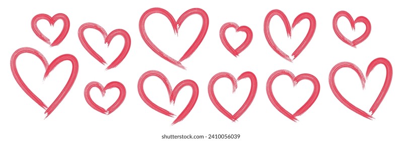 Set of pink brush stroke grunge hearts icons isolated on white. Vector illustration