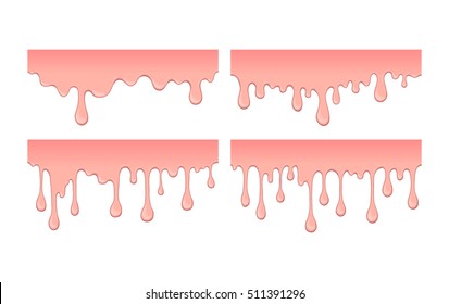 Set of pink bubble gym or melting ice cream. Flow of sweet sticky liquid. Abstract illustration of splash. Burst off bubblegum. Cartoon design