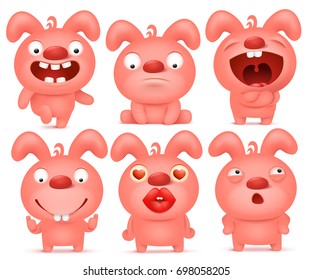Set of pink bunny cartoon emoticon characters. Vector illustration