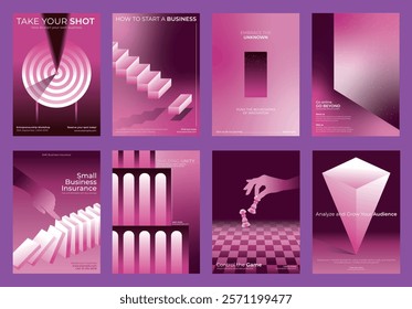 Set of pink business posters with geometric designs. Business themes include growth, strategy, and innovation. Eye-catching pink visuals for business inspiration.