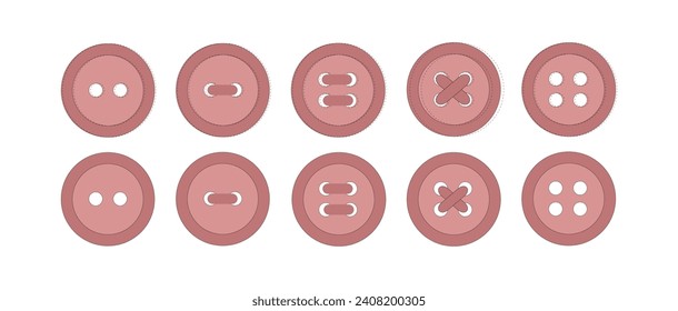 Conjunto de botones rosados. Botón con dos y cuatro agujeros. Vieron los botones. Decoración de coser, elementos. Ilustración vectorial.